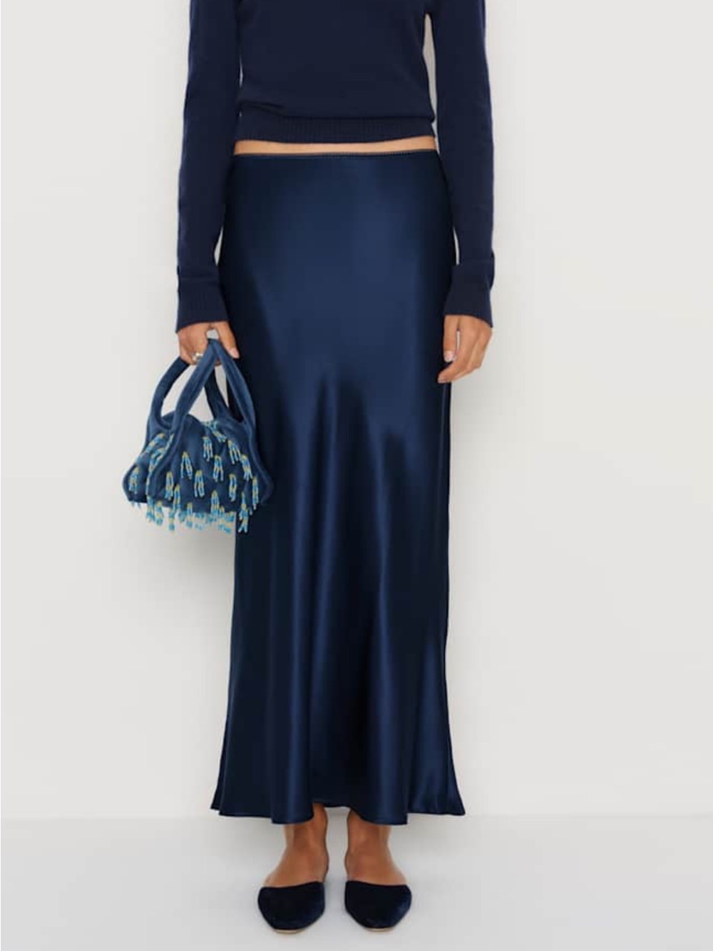 Zara Silky Navy Bias-Cut Maxi Skirt